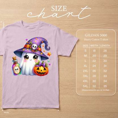 Lilac t-shirt with cute ghost wearing witch hat, pumpkin, and potion, with size chart.
