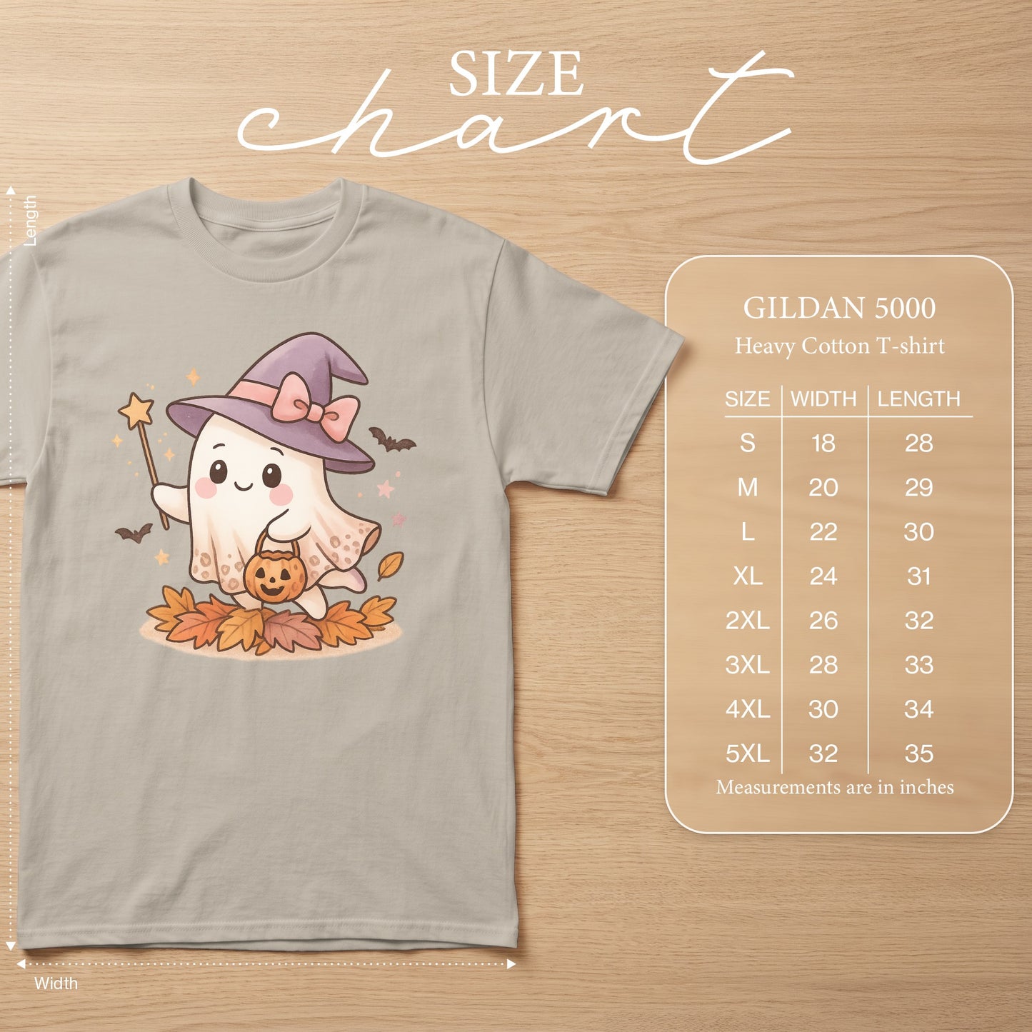 Ghost wearing wizard hat holding pumpkin, size chart for Gildan 5000 Heavy Cotton T-shirt.