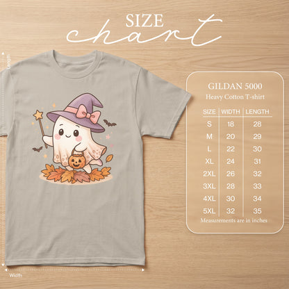 Ghost wearing wizard hat holding pumpkin, size chart for Gildan 5000 Heavy Cotton T-shirt.