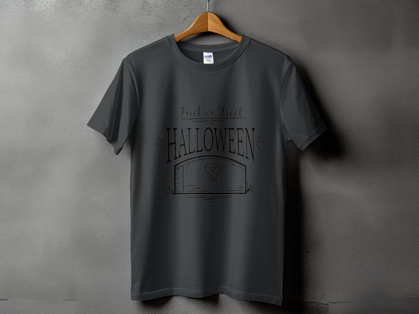Dark grey t-shirt with "Trick or Treat Halloween" and a tombstone graphic.