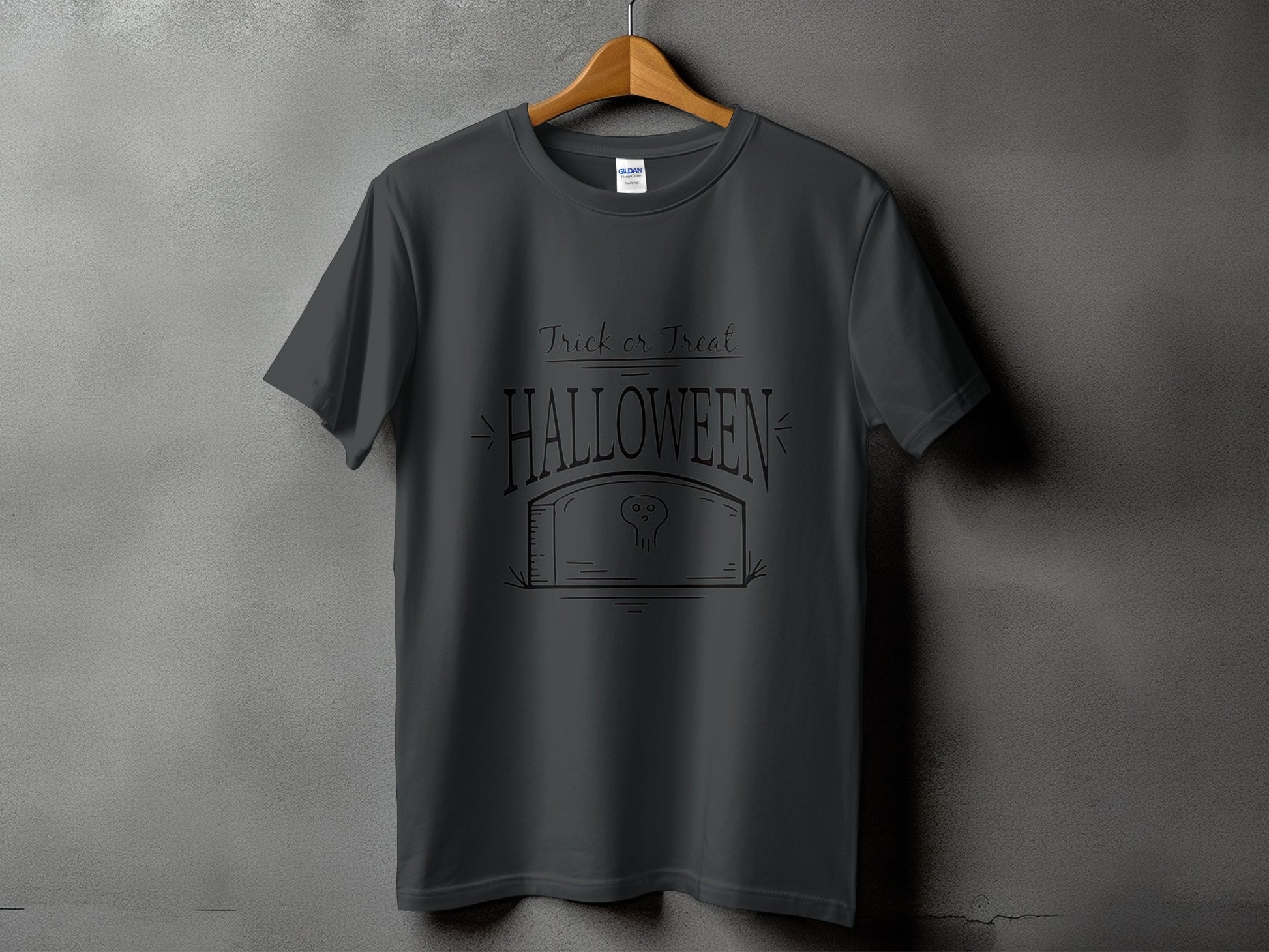 Dark grey t-shirt with "Trick or Treat Halloween" and a tombstone graphic.