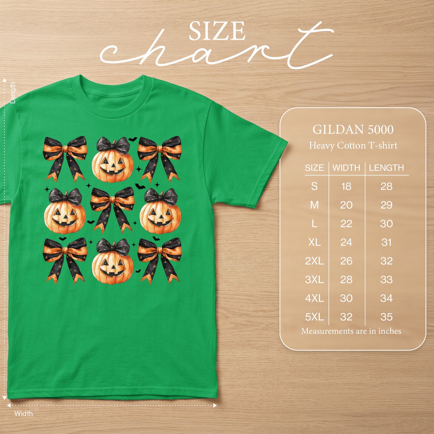 Green t-shirt with Halloween pumpkins and bows pattern, size chart displayed.