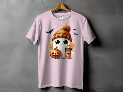 Pink t-shirt with ghost, pumpkin, coffee, and bats Halloween graphic.