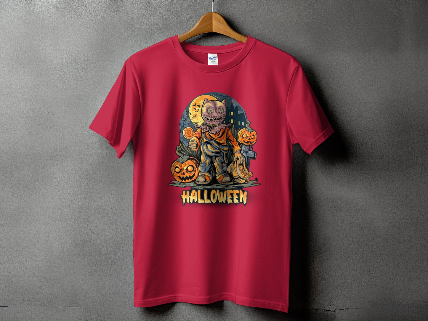Crimson t-shirt featuring a Halloween character with pumpkins, moon, and text.