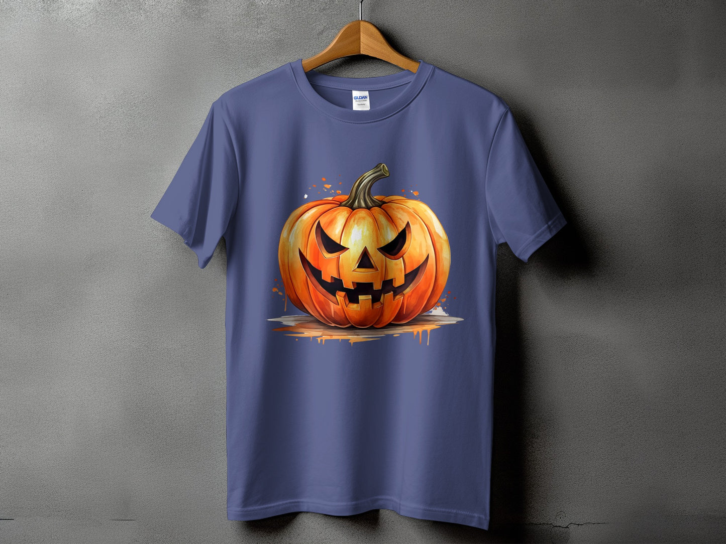 Blue t-shirt with a digitally painted jack-o'-lantern design.