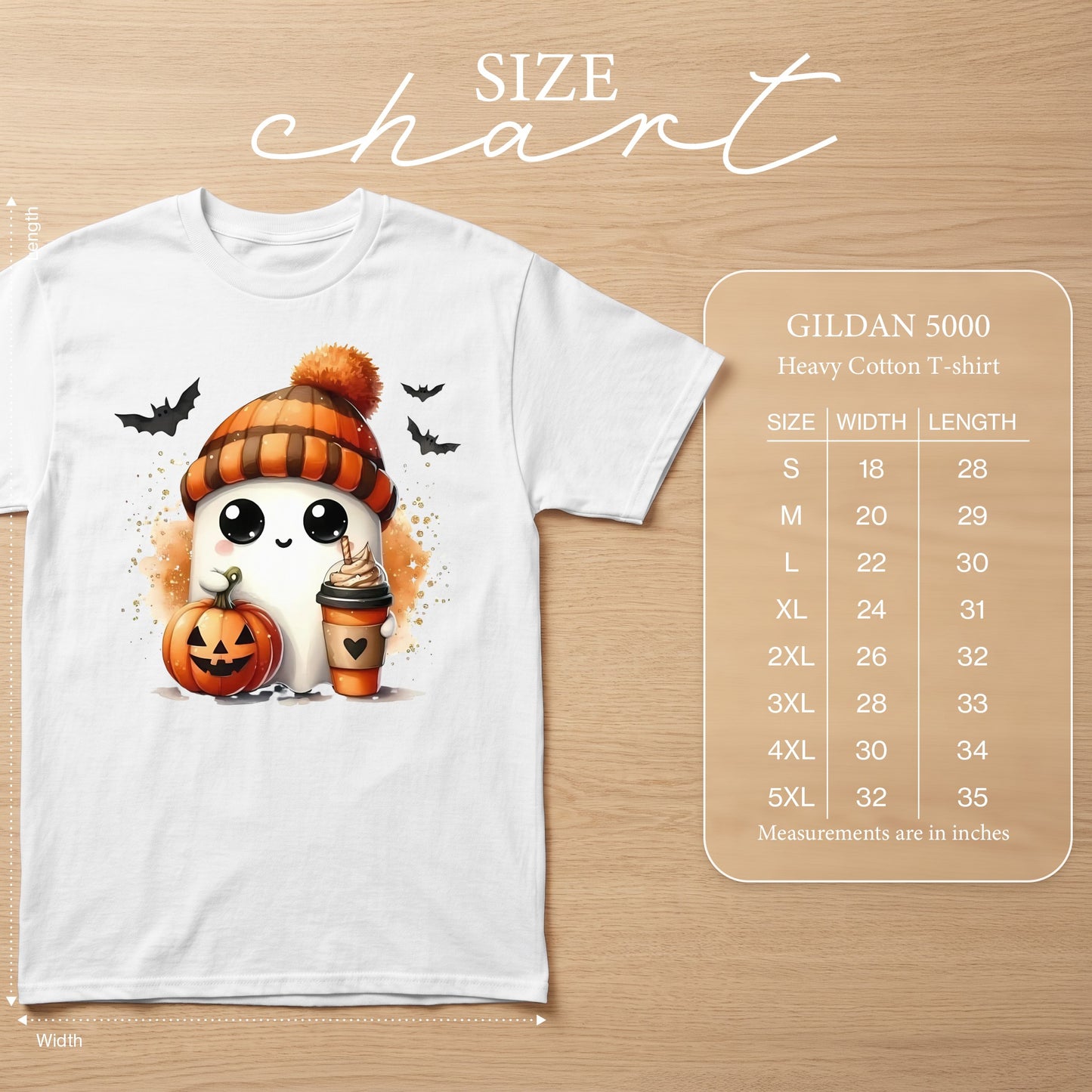 White t-shirt with cute ghost holding pumpkin and coffee. Includes Gildan size chart.
