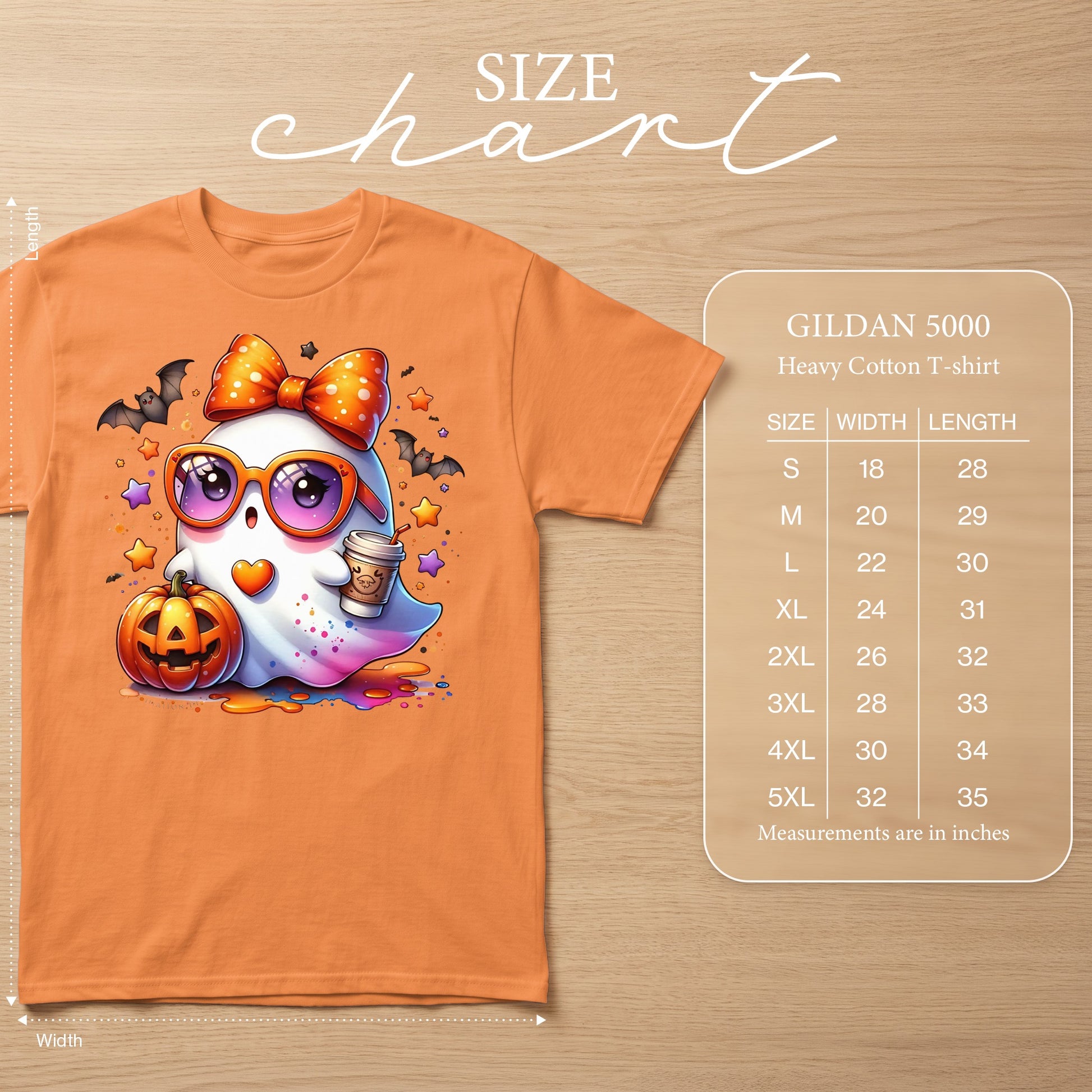 Orange t-shirt with cartoon ghost, pumpkin, and bats, with Gildan 5000 size chart.