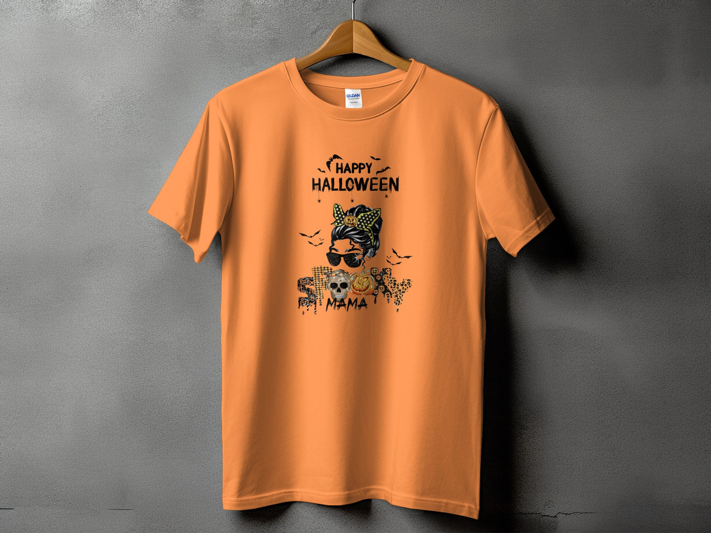 Orange t-shirt with "Happy Halloween Mama" text and Halloween graphics.