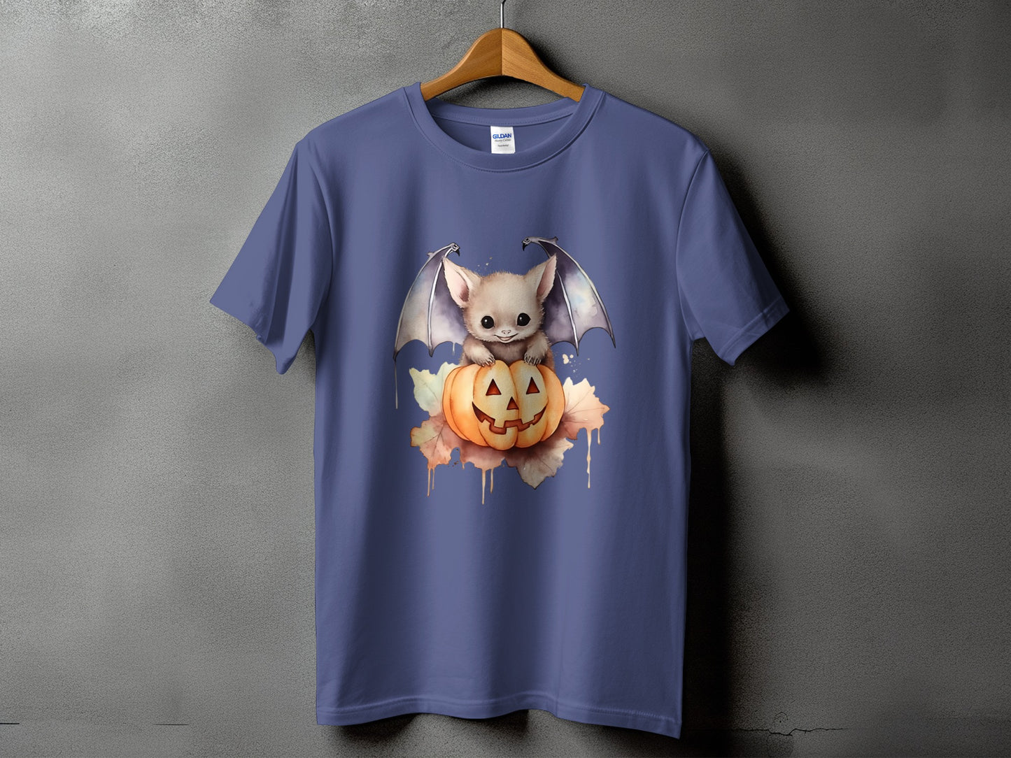 Purple t-shirt with cute bat on jack-o-lantern Halloween graphic.