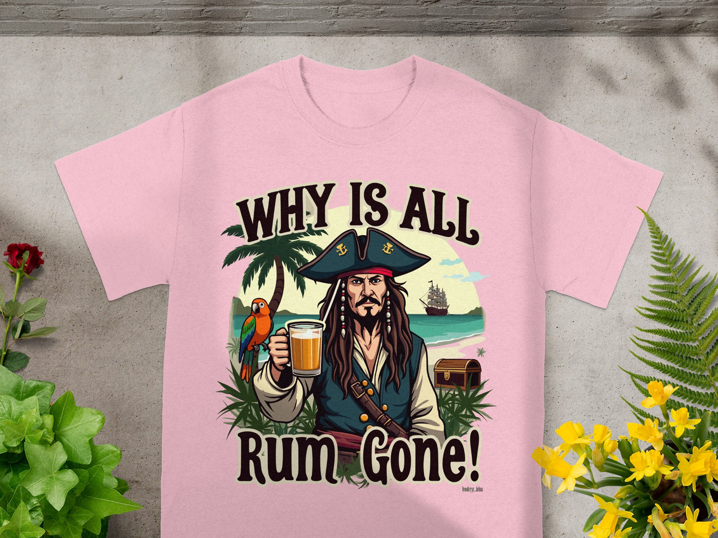 Pirate with rum and parrot on beach scene with text "Why Is All Rum Gone!".