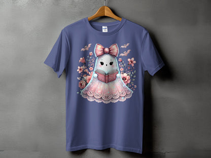 T-shirt with a cute ghost reading a book surrounded by flowers and bats.