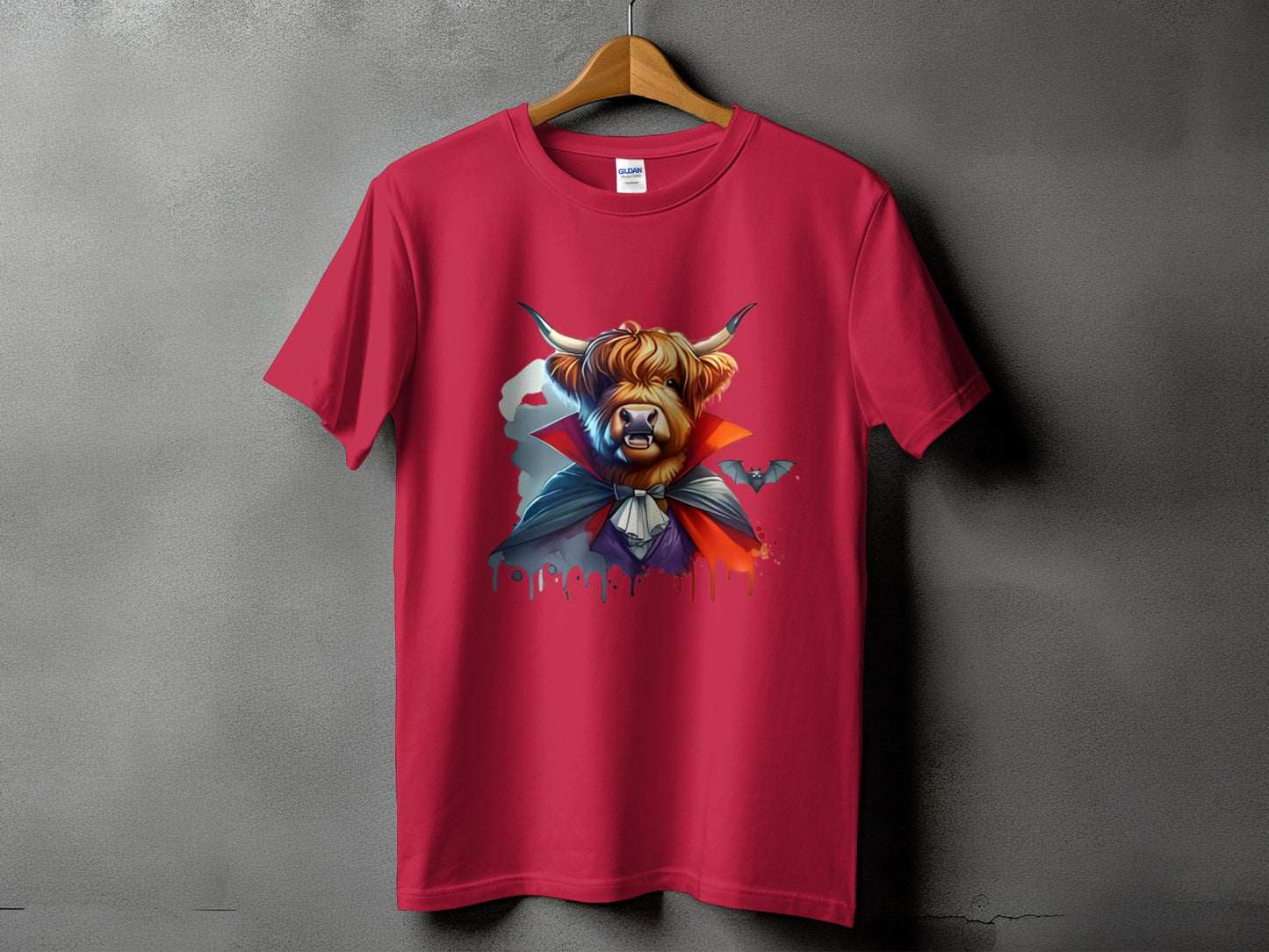 Highland cow dressed as a vampire with bats and drippy watercolor accents.