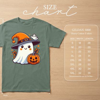 Green Gildan 5000 t-shirt with Halloween ghost, pumpkin, and hat graphic. Includes size chart.
