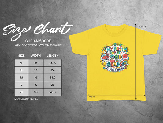 Yellow Gildan youth t-shirt with "My First Day of 2nd Grade" graphic and size chart.