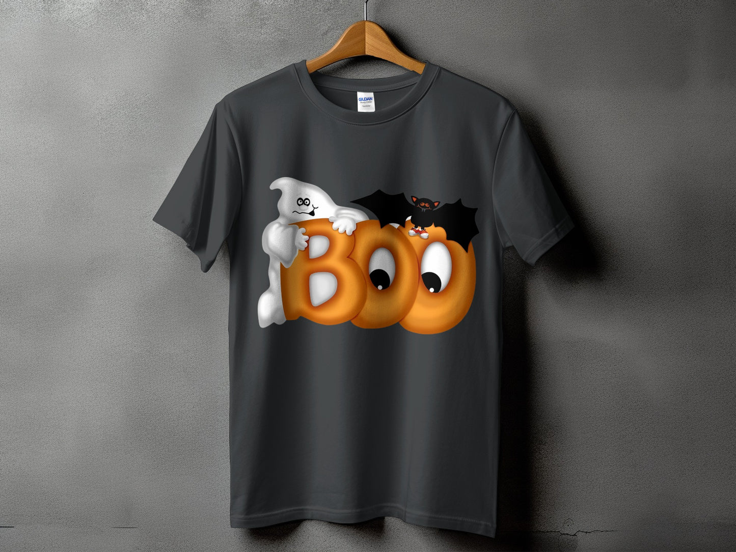 Dark grey t-shirt with a white ghost and bat on orange letters spelling "BOO".