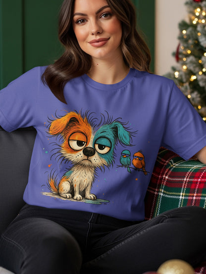 Cartoon dog with two small birds on a purple t-shirt.