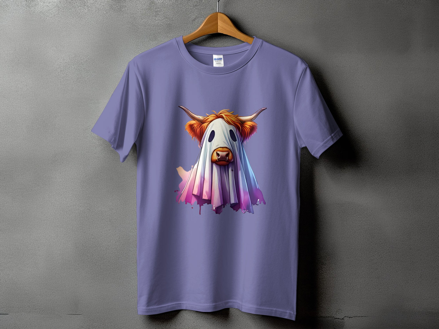 Highland cow ghost graphic on a purple t-shirt.