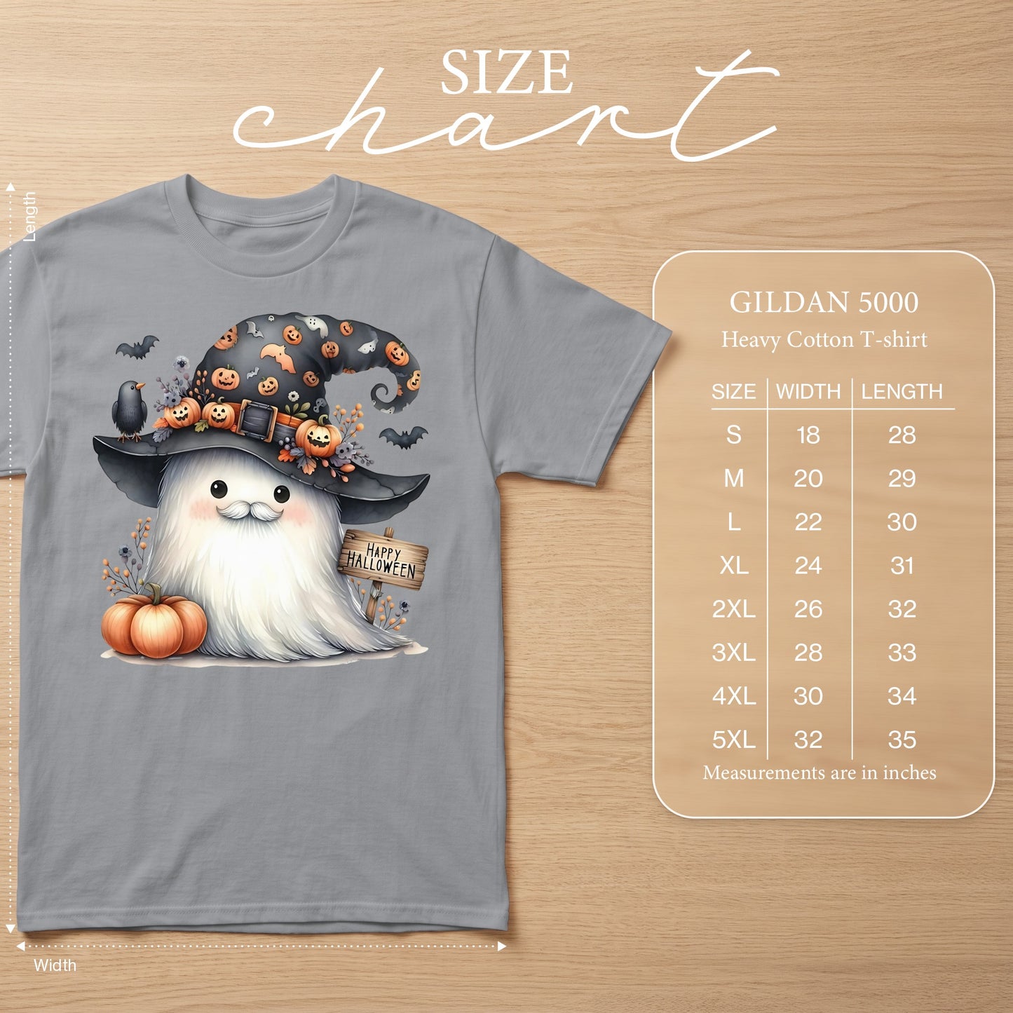 Gildan 5000 heavy cotton t-shirt with cute ghost and Halloween graphics.
