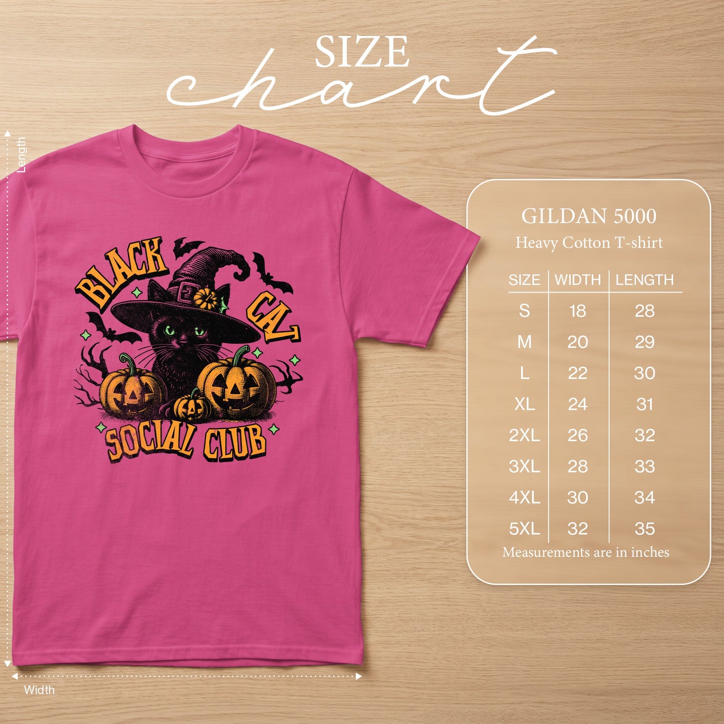Pink t-shirt with black cat, pumpkins, and bats graphic; Gildan 5000 size chart.