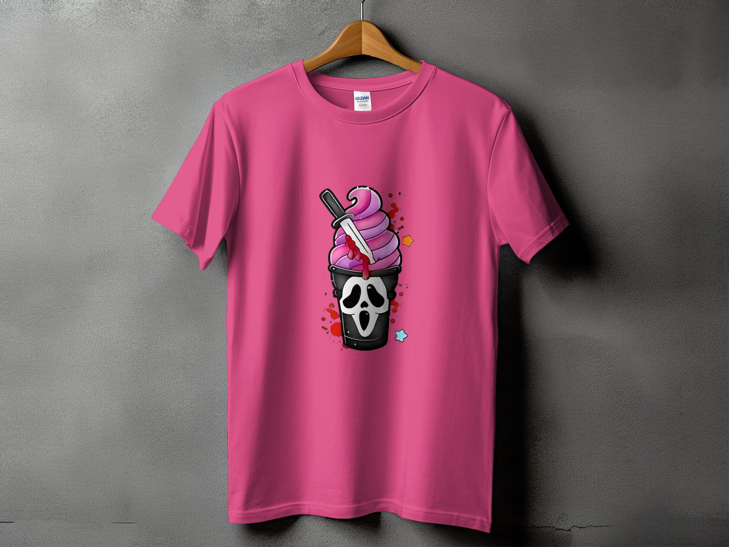 Pink t-shirt with ghost ice cream and knife graphic.