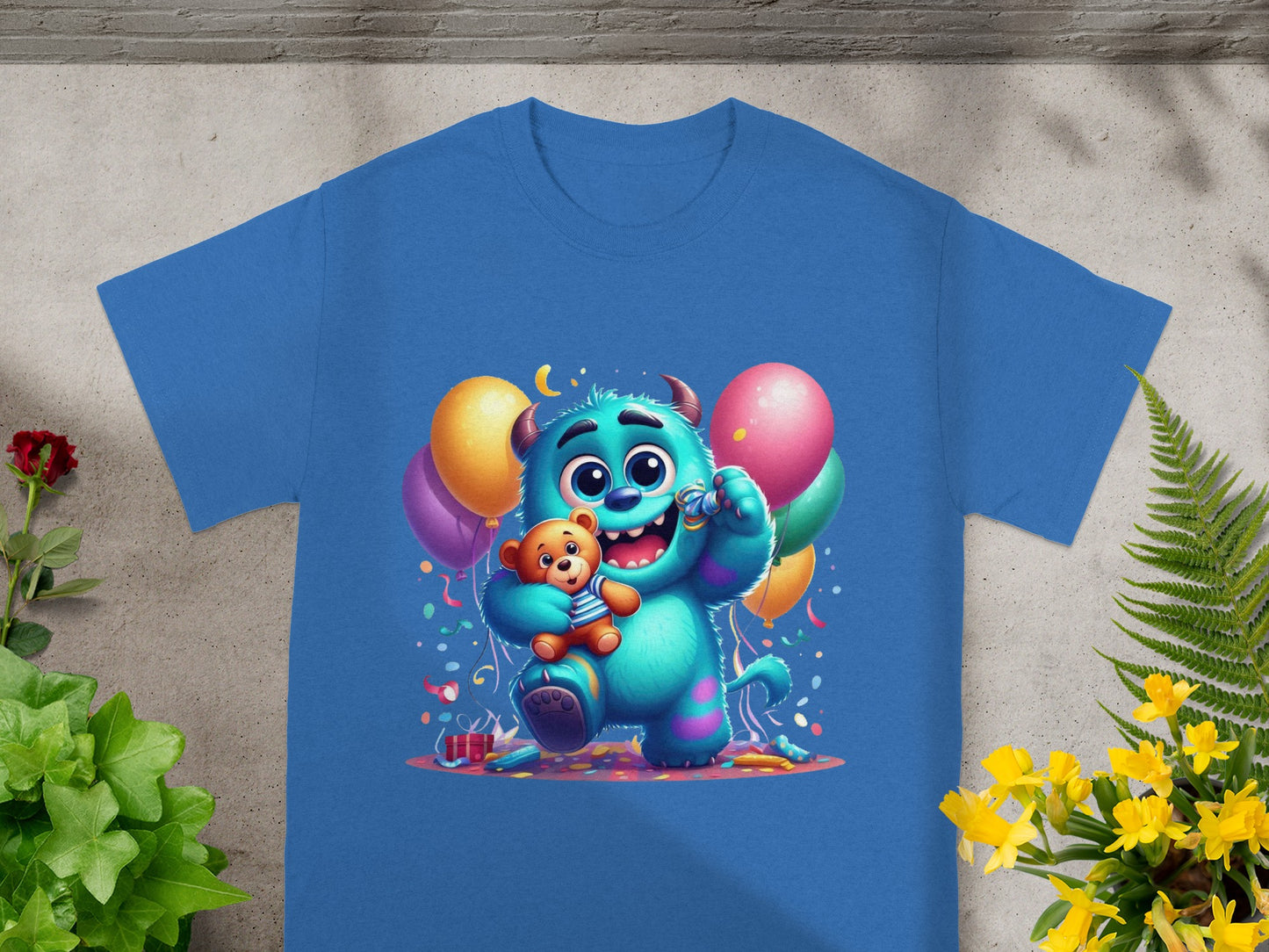 Blue t-shirt with blue monster holding teddy bear, balloons, and confetti.