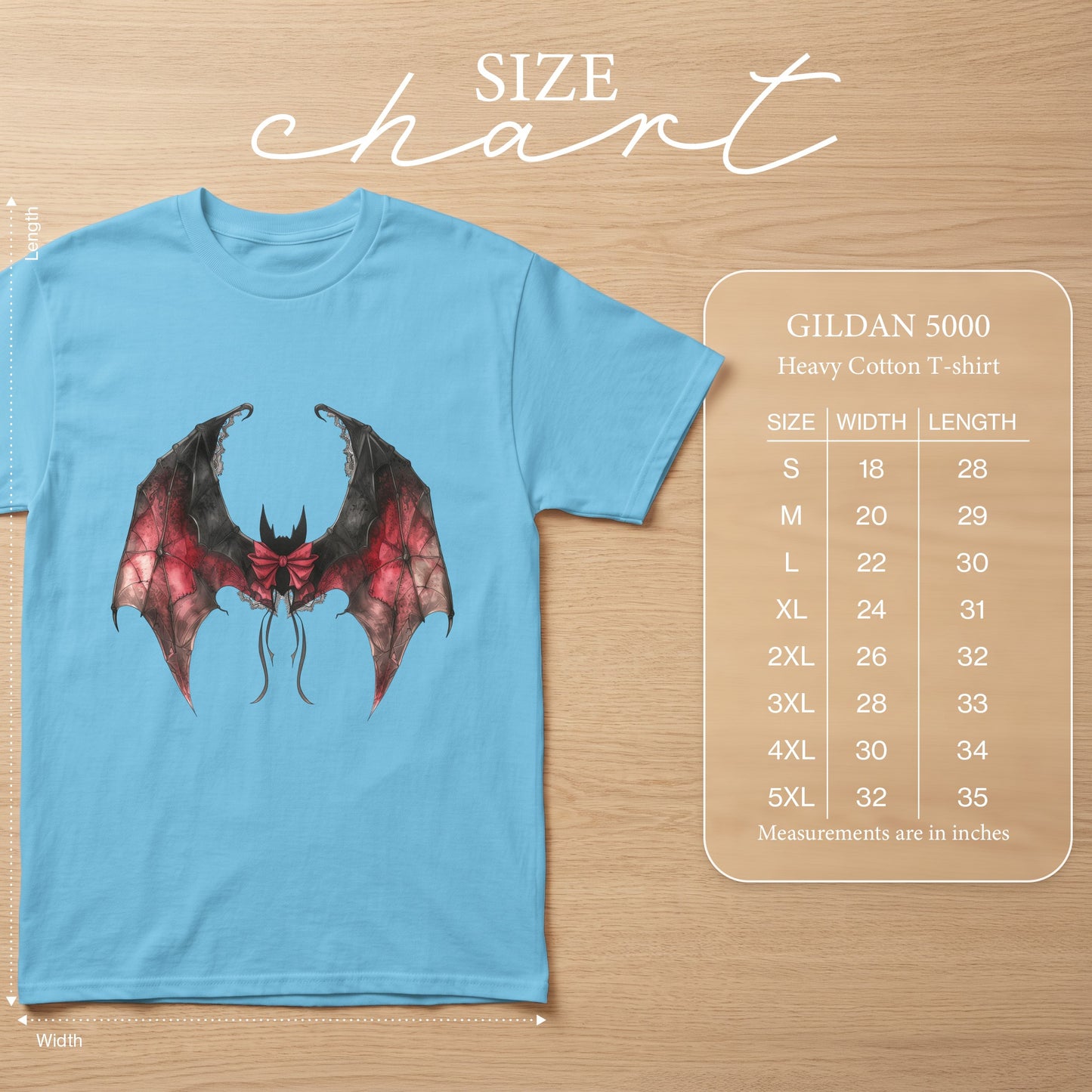 Light blue Gildan 5000 t-shirt with red and black bat graphic and size chart.