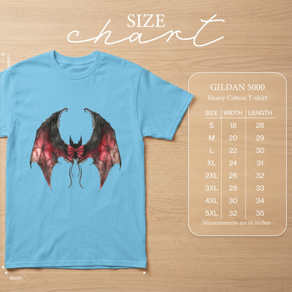 Light blue Gildan 5000 t-shirt with red and black bat graphic and size chart.