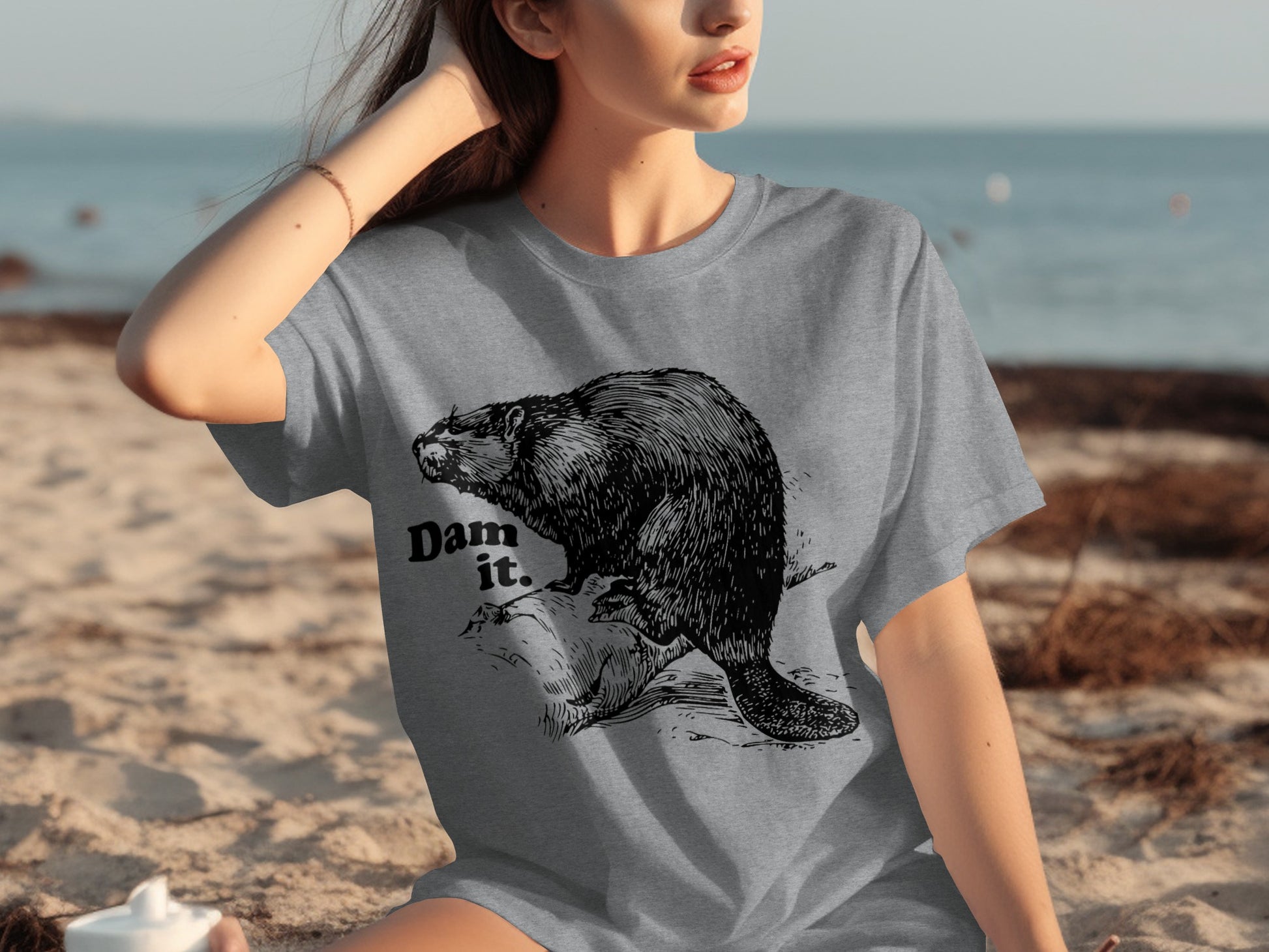 Funny Beaver Graphic Dam It Beach Wear Shirt