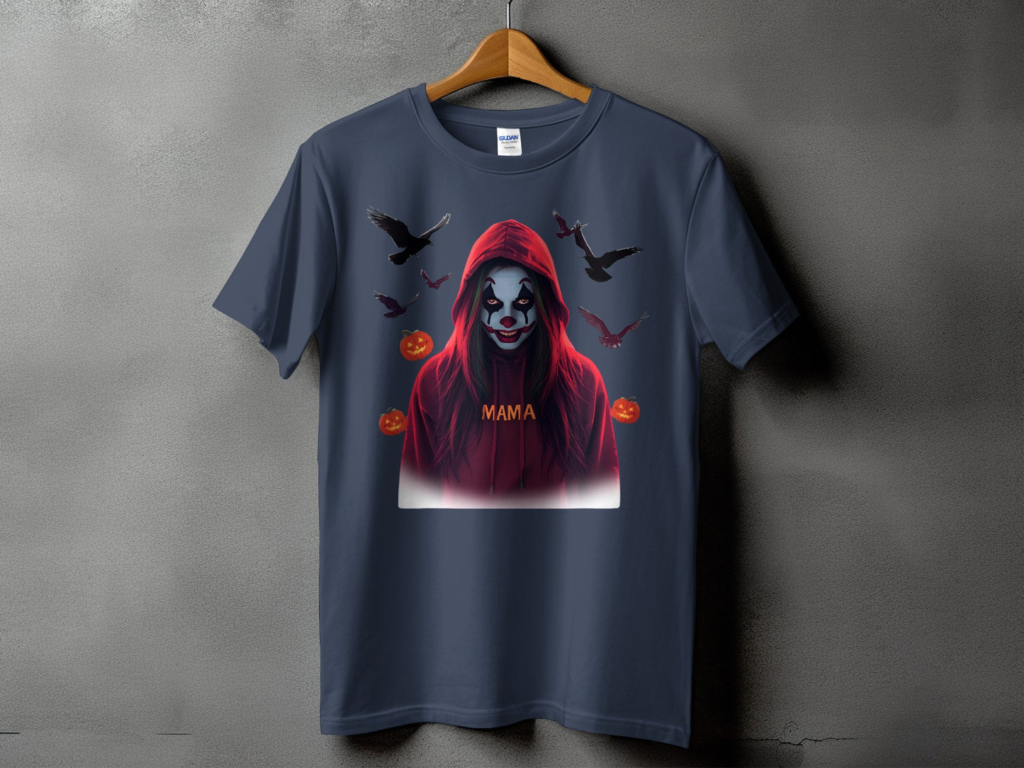 Dark gray t-shirt with a clown graphic, pumpkins, and crows, and "Mama" text.
