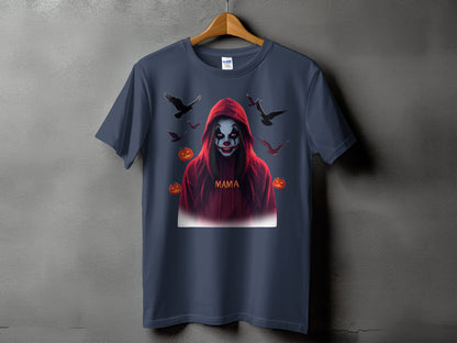 Dark gray t-shirt with a clown graphic, pumpkins, and crows, and "Mama" text.
