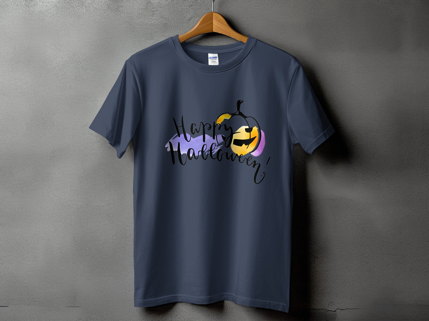 Dark grey t-shirt with "Happy Halloween!" text and a jack-o'-lantern graphic.