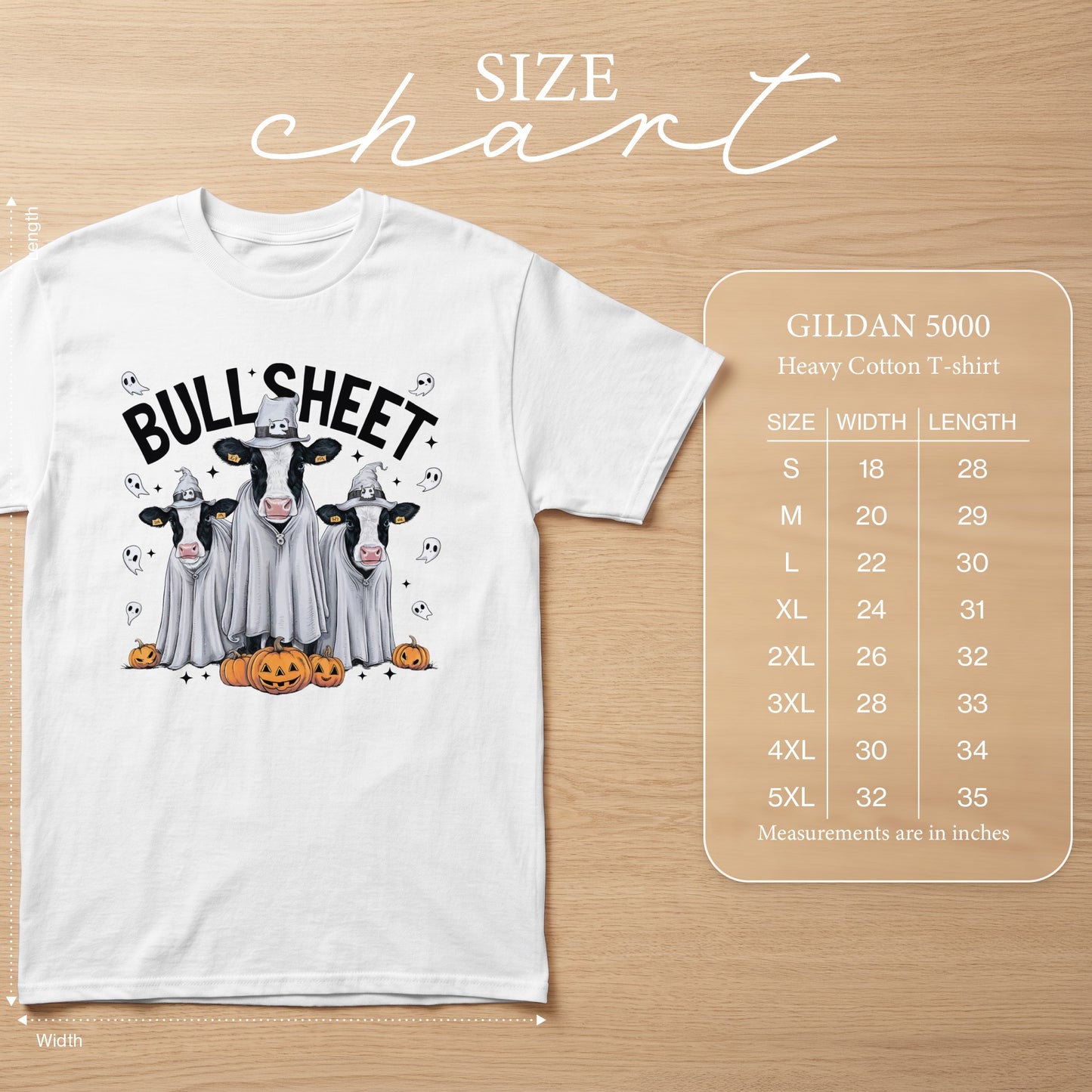 White t-shirt with "BULL SHEET" text and cows dressed as ghosts. Includes Gildan 5000 size chart.