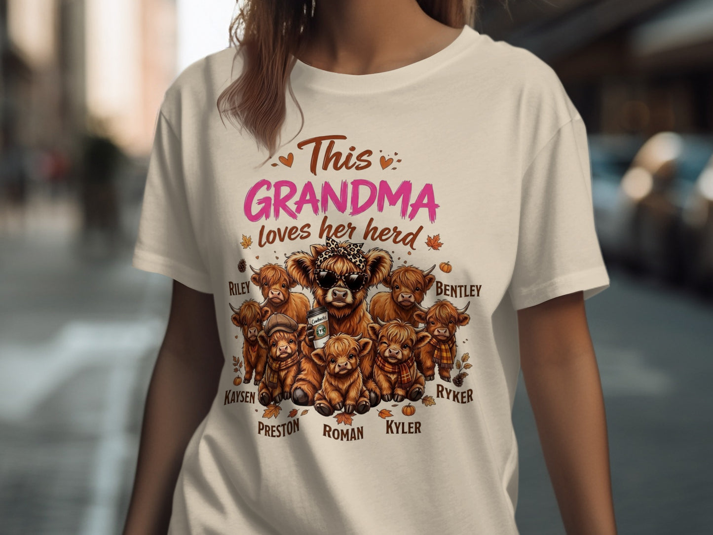 "This Grandma Loves Her Herd" text with Highland cows and names: Riley, Kaysen, Preston, Roman, Kyler, Bentley, Ryker.