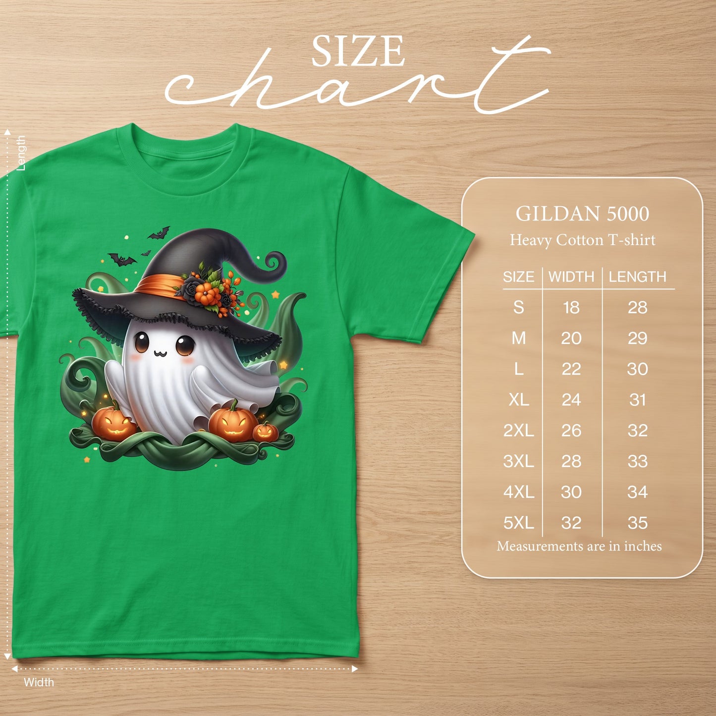 Green Gildan 5000 Heavy Cotton T-shirt with a cute ghost wearing a witch hat.