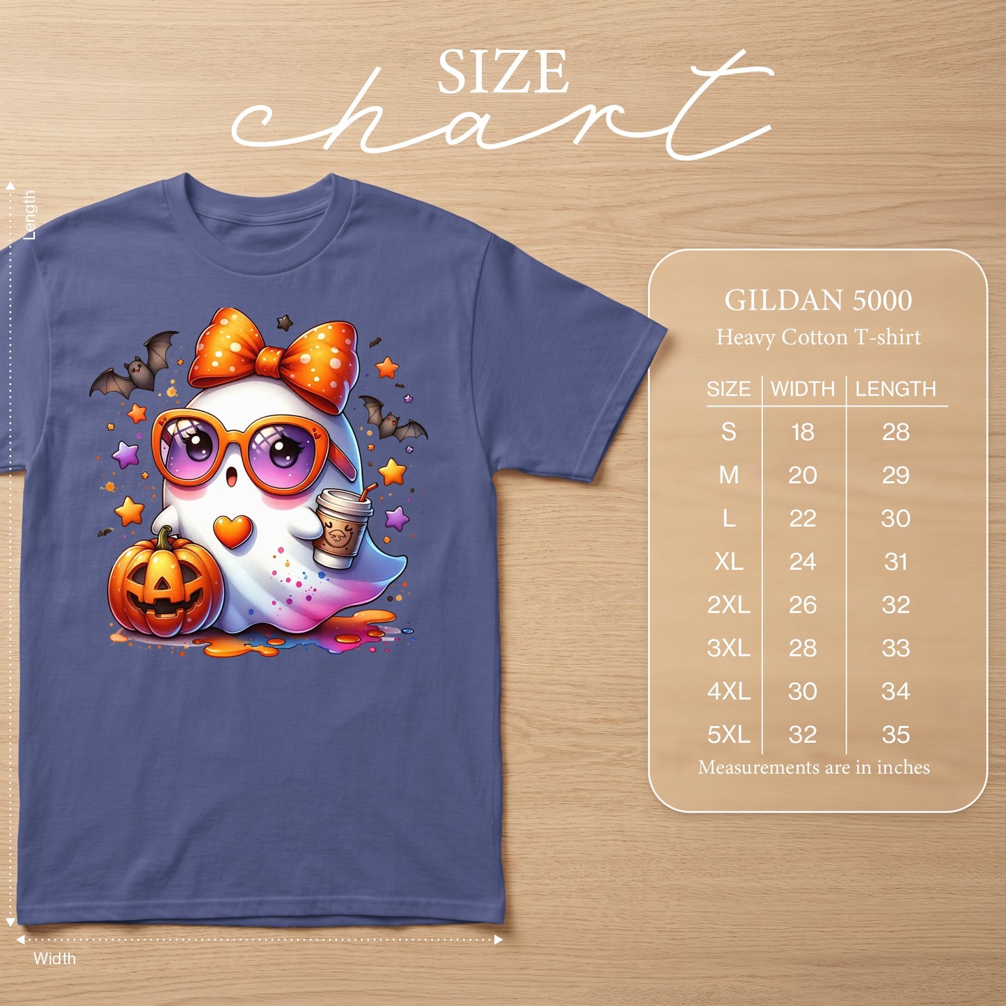 Ghost with sunglasses, bow, and coffee on a Gildan 5000 t-shirt size chart.