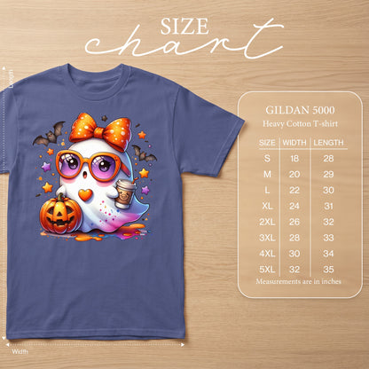 Ghost with sunglasses, bow, and coffee on a Gildan 5000 t-shirt size chart.