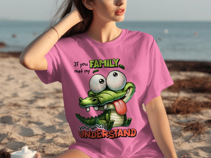 Funny Cartoon Alligator Family Humor Pink T-shirt