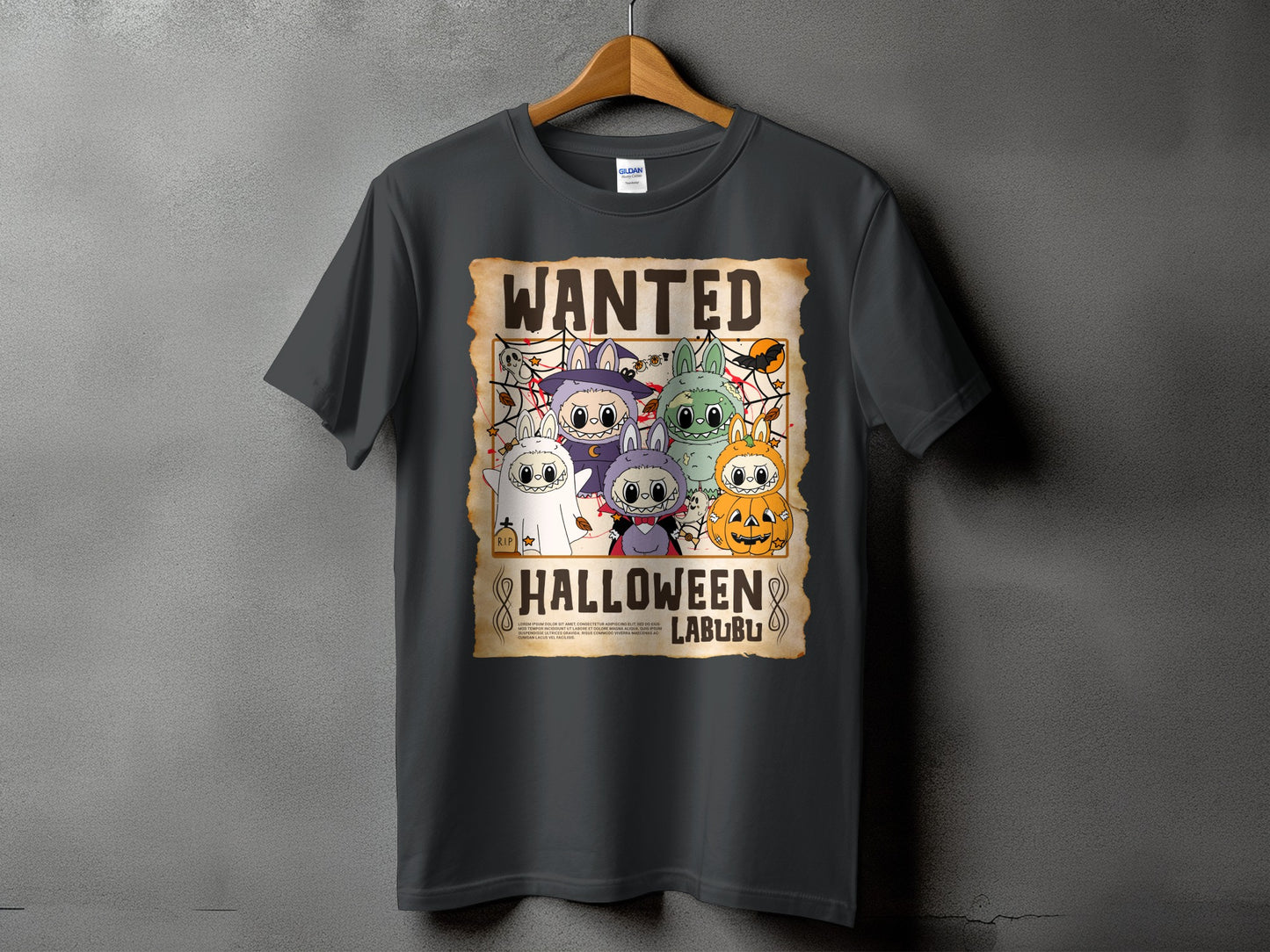 T-shirt with "WANTED Halloween Labubu" design featuring cute cartoon characters in Halloween costumes.