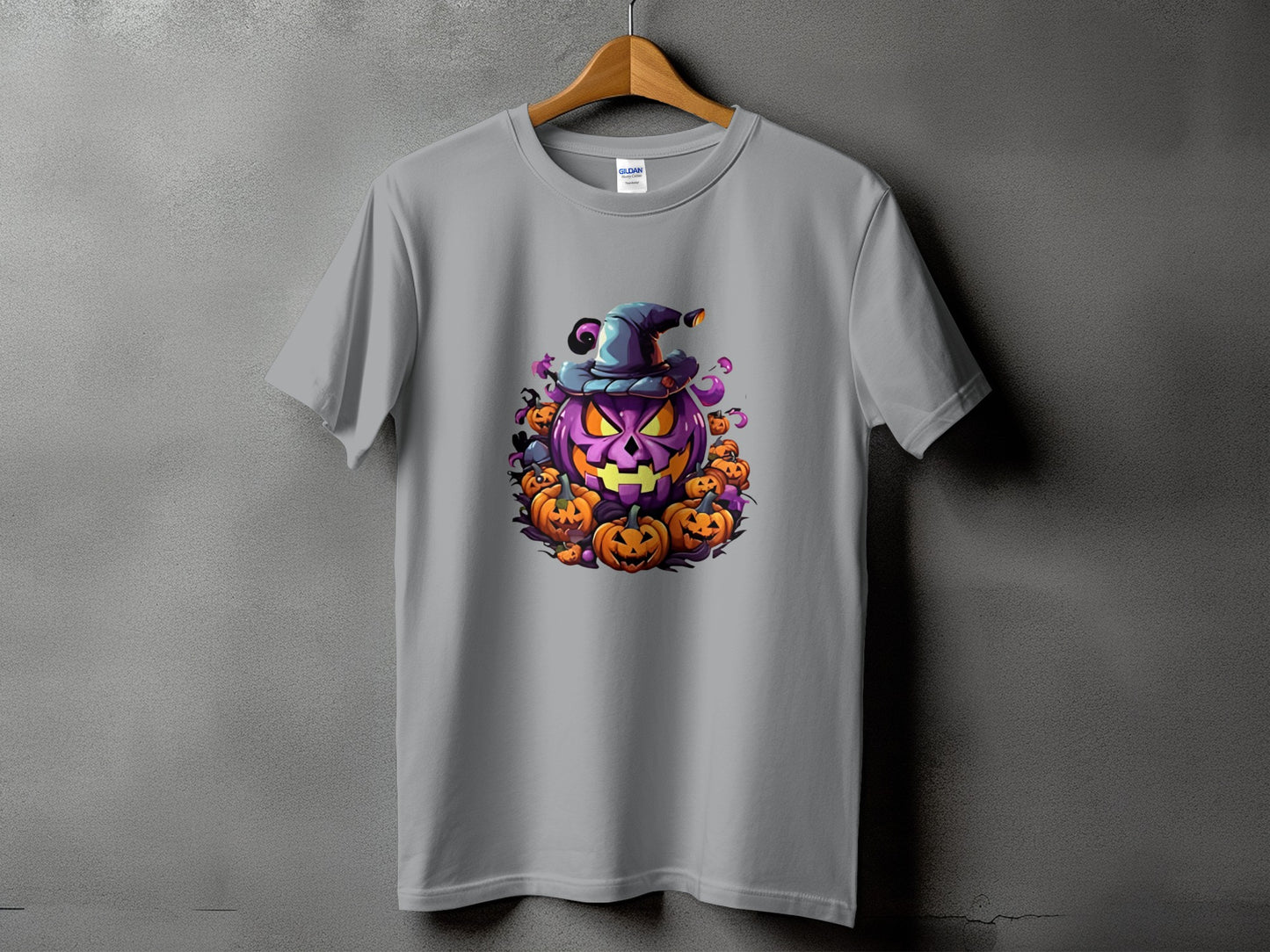 Gray t-shirt with a Halloween pumpkin graphic featuring a large purple pumpkin wearing a witch hat.