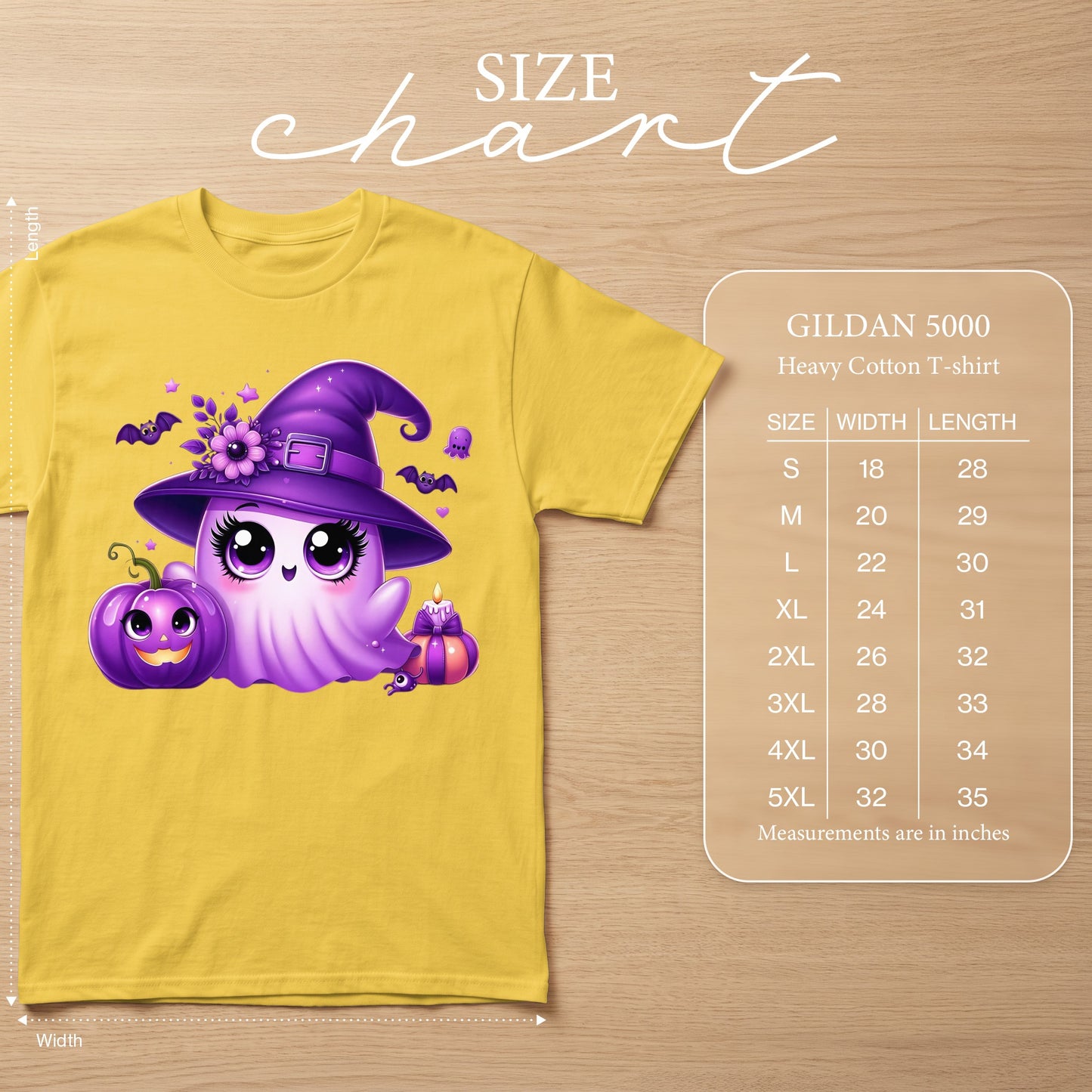 Yellow t-shirt with purple cartoon ghost wearing witch hat and pumpkin graphic. Size chart included.