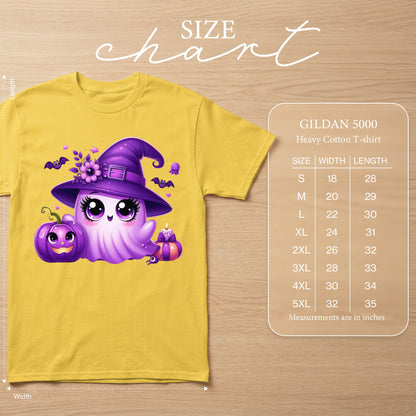 Yellow t-shirt with purple cartoon ghost wearing witch hat and pumpkin graphic. Size chart included.