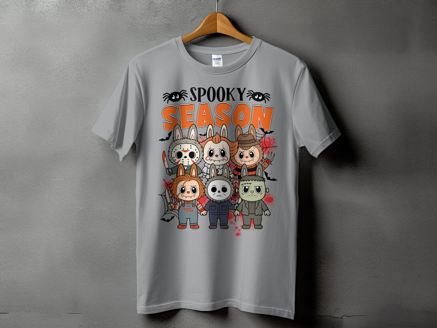 Grey t-shirt with "Spooky Season" text and cartoon horror characters.