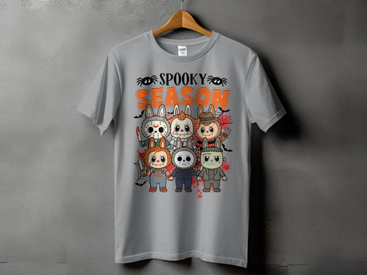 Grey t-shirt with "Spooky Season" text and cartoon horror characters.
