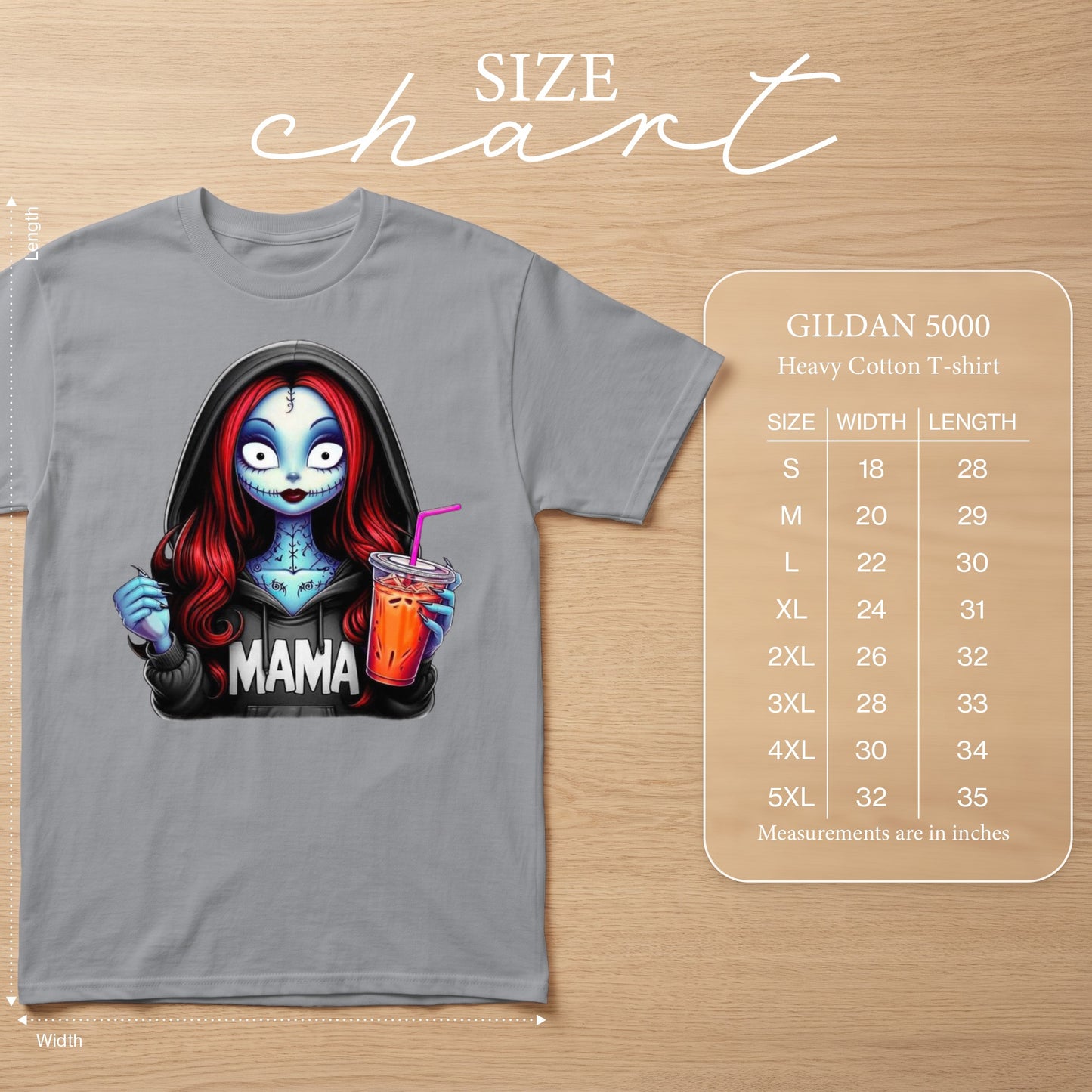 Grey t-shirt with a "Mama" graphic featuring a stylized doll holding a drink and a size chart.