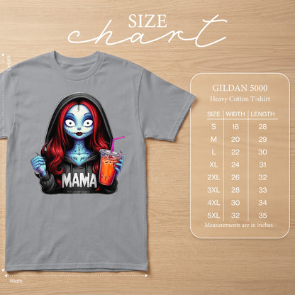 Grey t-shirt with a "Mama" graphic featuring a stylized doll holding a drink and a size chart.