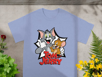 Tom and Jerry cartoon characters giving thumbs up on a light blue t-shirt.
