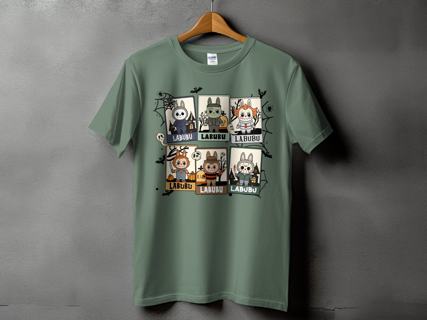 Green t-shirt with six cartoon Halloween characters, each labeled "LABUBU".