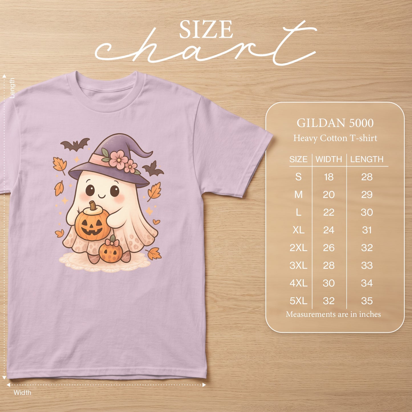Gildan 5000 Heavy Cotton T-shirt size chart with cute ghost and pumpkins graphic.