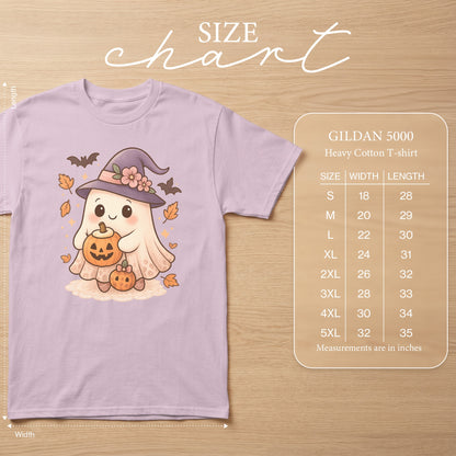 Gildan 5000 Heavy Cotton T-shirt size chart with cute ghost and pumpkins graphic.