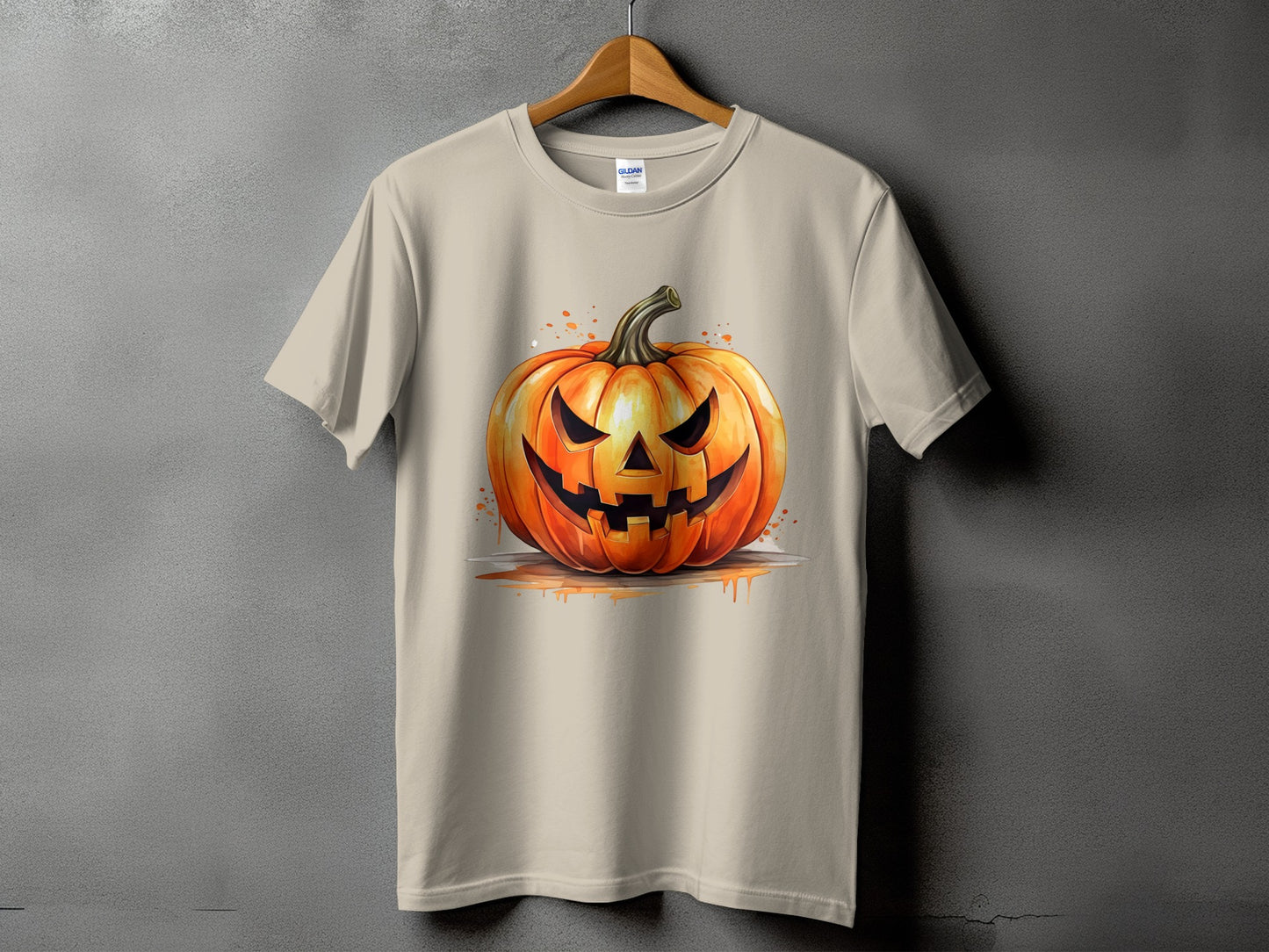 T-shirt with a watercolor-style jack-o'-lantern graphic.